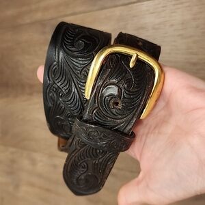 The Belt Factory Tooled Leather Western Belt Solid Brass Buckle Cowboy size 28